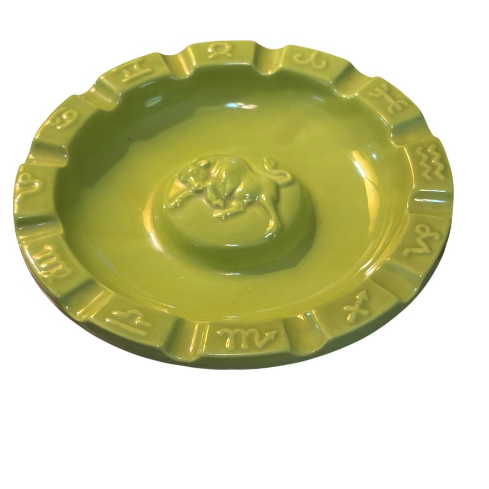 Vtg MCM Green Ceramic Ashtray Brass Base La Colonnata Style Italy Taurus Atomic - Picture 5 of 8